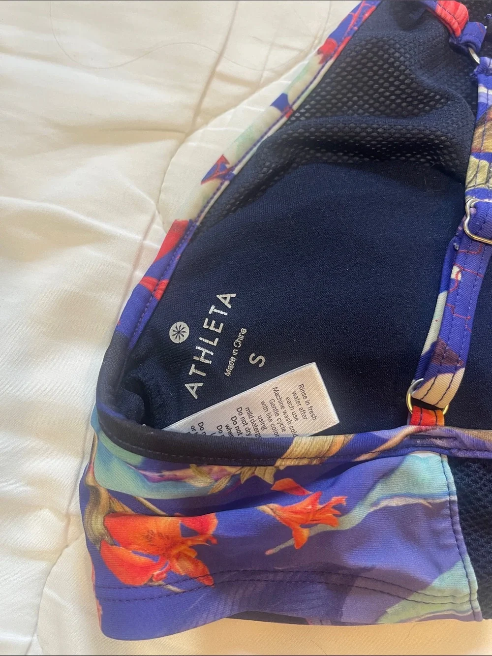 Athleta women’s Floral High-Neck Bikini in Navy with Multicolor Print